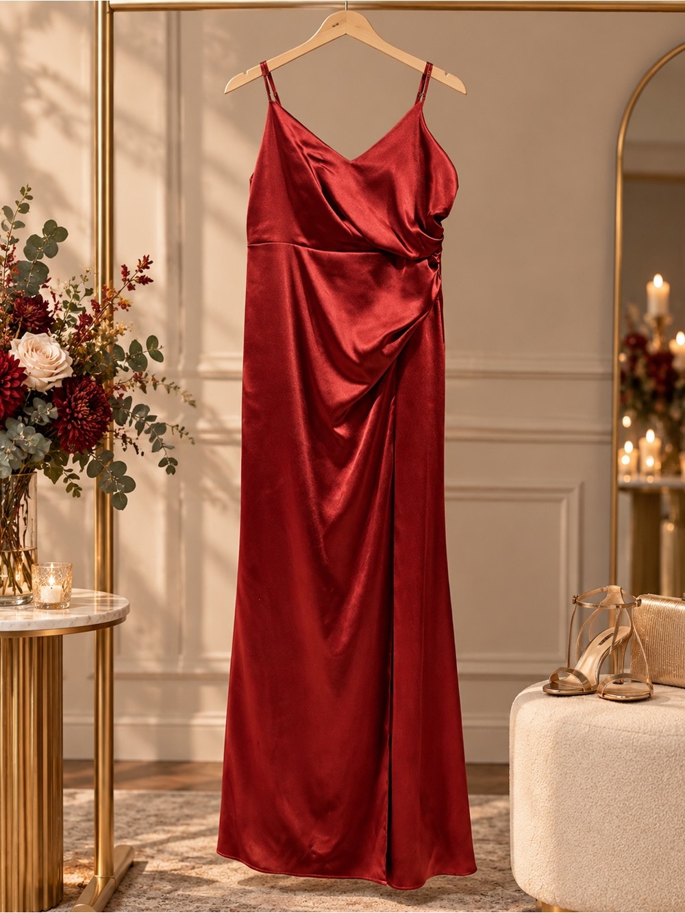 Burnt Orange Satin Slip Dress with Draped Detail